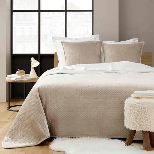 Douceur d'Intérieur Mylene Quilted Bedspread (220 x 240 cm) and 2 Pillowcases (60 x 60 cm), Embossed Velvet with Sherpa, Linen