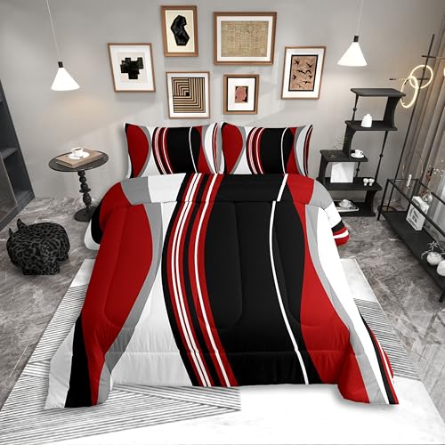 Erosebridal Red and Black Striped Twin Bedding Sets for Adult Women Men Grey Modern Abstract Comforter Set Geometric Stripes Lines Quilt Duvet Set Contemporary Art Boho Bed Collections for Minimalist