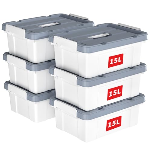 Cetomo 15L*6 Storage Boxes, Carry Plastic Storage Box with Lids, Organizing Container with Handle and Secure Latches, Nestable & Stackable Tote Box for Home Office, 15L-6 Pack, White