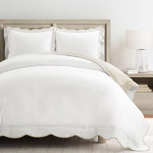 Lush Decor Coastal Chic Scallop Edge Cotton Duvet Neutral/White 3 Piece Set Full/Queen - Soft Elegant Affordable Luxury Duvet Set