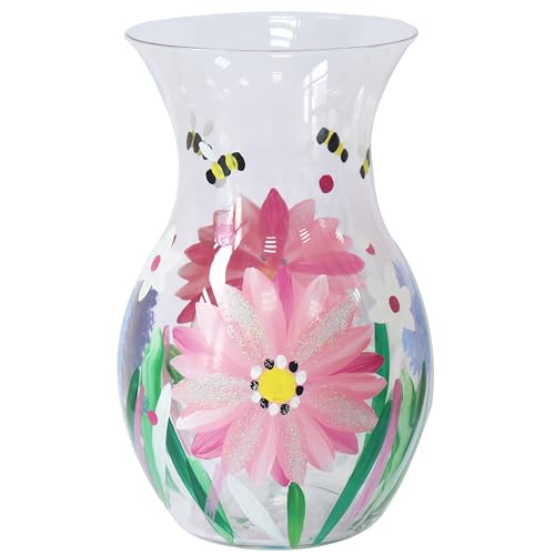 L & P Home & Gifts Hand Painted Glass Lynsey Johnstone Alliums & Bees Vase For Home & Kitchen - Lovely Home Décor Accessory for Milk, Cream, and Water - Reusable & Practical Gift for Women and Men