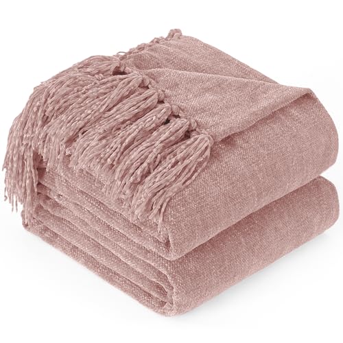 "GINAMUSE Chenille Throw Blanket for Couch with Tassels,60""X80"" Soft Cozy Lightweight Knitted Boho Decorative Blankets for Bed and Sofa,Pink"