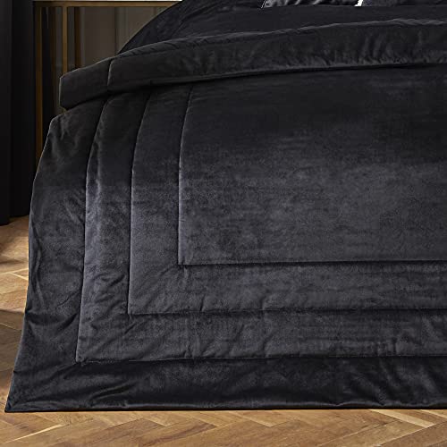 Laurence Llewelyn-Bowen Black Velvet Bedspread – L220 x W150cm – Luxury Quilted Throw Blanket for Bed – Super Soft Velvet Bedding – Box Stitch Design – Stylish Black Bedspread for Bedroom