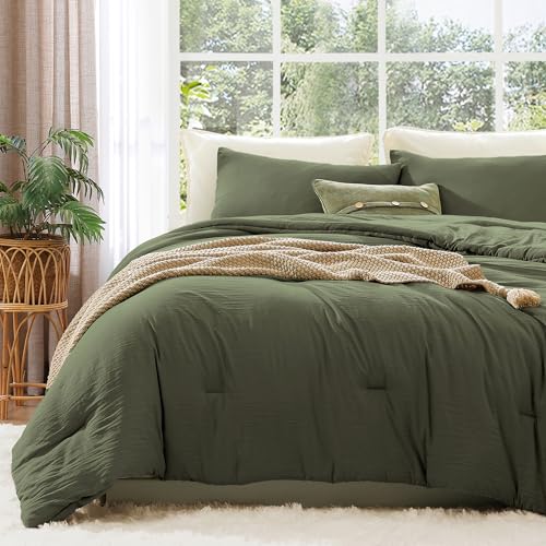 Full Comforter Set-3 Pieces Soft Olive Green Comforter Full Size Bedding - All Seasons Prewashed Cozy Down Alternative Lightweight Comforter Sets with 2 Pillow Shams