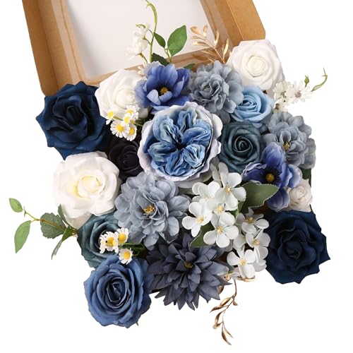 LITOYNAN Artificial Flowers Combo Box for DIY Handcrafted Bouquets Centerpieces Floral Arrangements,Dusty Blue Flower with Stem Exquisite Faux Roses Set Multi Use Wedding Party Home Decorations