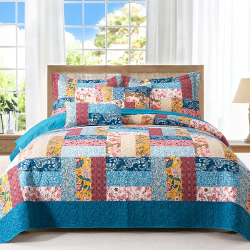 BEDIFANY Farmhouse Cotton King Quilt Set - 100% Cotton Cover Bedspread - 3-Piece Lightweight Coverlet (98x106 Inch) + 2 Pillow Shams, All Seasons Multicolor Quilt Bedding Set