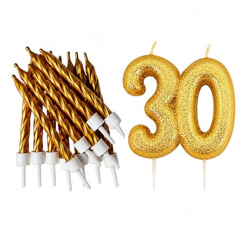 30th Birthday Gold Candle Kit, Glitter Number 30 Candle with 12 Metallic Spiral Cake Candles and Holders, Birthday Cake Decorations, Pack of 13