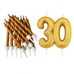 30th Birthday Gold Candle Kit, Glitter Number 30 Candle with 12 Metallic Spiral Cake Candles and Holders, Birthday Cake Decorations, Pack of 13