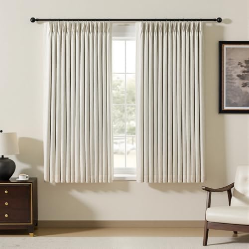 "YZ HOME Pinch Pleated Linen Curtains 100% Blackout 63 Inches Long for Living Room Bedroom, Memory Trained Thermal Insulated Room Darkening Window Drapes with Rings Hooks, 2 Panels, Natural, 40""Wx63""L"