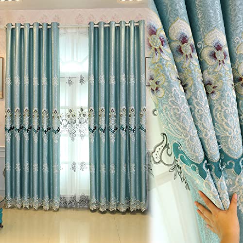 Amidoudou 1 Pair European Luxury Embroidered Curtains for Living Room Bedroom (Blue Green,51x96 Inch)