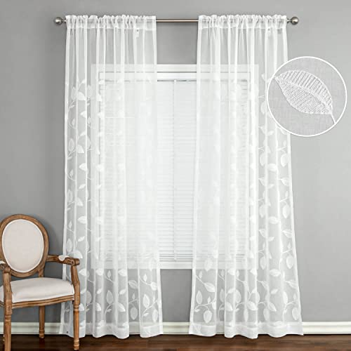 VOGOL Semi-Sheer Elegant Embroidered Solid White Rod Pocket Bathroom Window Curtains/Drape/Panels/Treatment 42 x 63,Two Panels