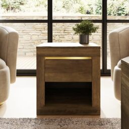 GFW Astley Lamp Table, Knotty Oak Effect Side Table with Drawer and Open Shelf, Gold Accent End Table for Living Room and Bedroom Furniture