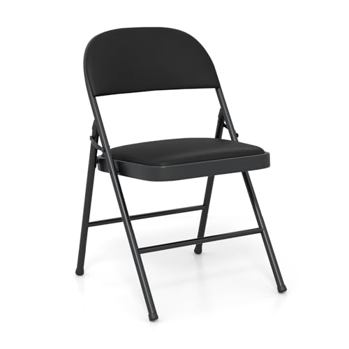 GiantexUK Padded Folding Chairs Set of 1/2/4, Metal Frame Easy Storage Conference Chairs with Back & Foot Pads, Space-saving Guest Desk Seating for Home Office Reception (Black, PVC Leather, 1)