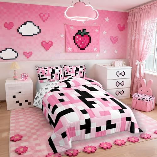 Manfei Pixelated Miners Kid Comforter Set Twin Size,Video Game Game Gamepad Bedding Set Boys Room Decor,Geometric Grid Square Quilt Comforter,Black Pink White Duvet Set Bedroom Quilt Set,1 Pillowcase