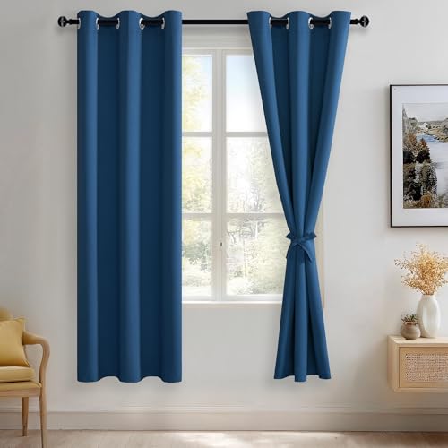 JIUZHEN Classic Blue Blackout Curtains with Tiebacks Thermal Insulated, Light Blocking and Noise Reducing Grommet Curtains for and Living Room, Set of 2 Window Curtain Panels, 42 x 72 Inch Length