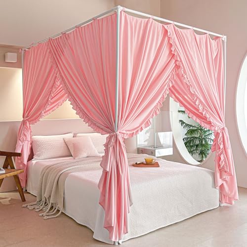 AIKASY Princess Canopy Bed Curtains with Top Ties - Windproof & Lightproof for Girls' Adult Bedroom Decor - Bed Canopy Drapes (Twin,Pink)