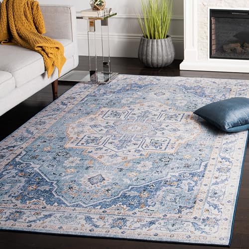 Safavieh Traditional Rug Ideal for High Traffic Areas - Machine Washable and Non Slip - Tucson Collection, Short Pile, in Light Blue and Blue, 91 X 152 cm