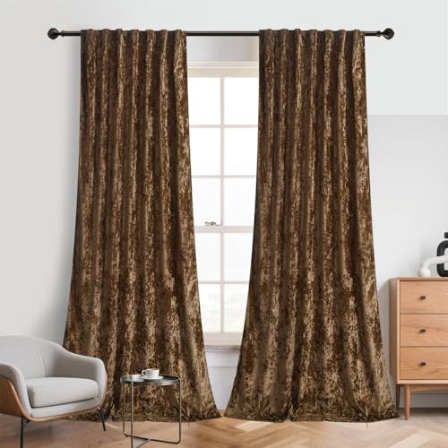 Roslynwood Crushed Luxury Velvet Tobacco Brown Curtains for Bedroom 84 inches Long, Thermal Insulated Window Drapes Back Tab for Living Room/Dining Room, W52 x L84, 2 Panels