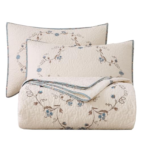 vctops 3-Piece Elegant Floral Embroidered Bedspread Coverlet Set 100% Cotton Reversible Patchwork 1 Quilt and 2 Pillow Shams Full/Queen, Flower B