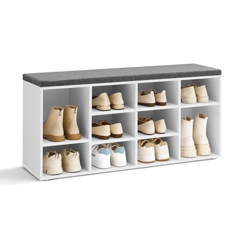 VASAGLE Shoe Bench, Shoe Shelf, Shoe Rack, Storage Cabinet, 10 Compartments, with Cushion, for Entryway, 104 x 30 x 48 cm, White LHS10WT