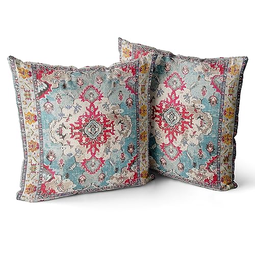 Snycler Boho Throw Pillow Covers 16x16 inch Set of 2 Boho Rug Carpet Double Sided Pattern Cotton Soft Pillow Case Cushion Cover Pillowcase for Couch Sofa Bed Decorative (Rose Red)