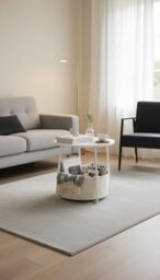 FurnitureR Coffee End Table with Storage,45cm Height Round Center Table for Living Room with Fabric Basket, Modern Style, Metal Frame, Matte White Frame,Camel Brown