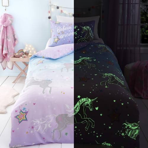 Bedlam Glow in the Dark Unicorn Duvet Cover Set – Single Size 135x200cm – Reversible Magical Star & Unicorn Design – Pink Lilac Girls Bedding with Pillowcase