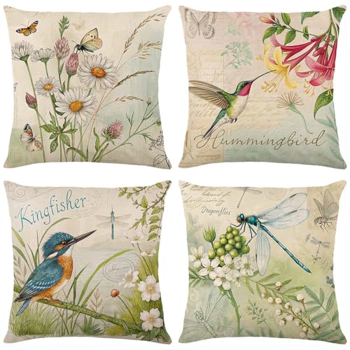 wyooxoo Throw Pillow Covers 18x18 Set of 4 Spring Summer Pillow Covers Flower Bird Farmhouse Outdoor Decorative Cushion Case for Sofa Couch Living Room