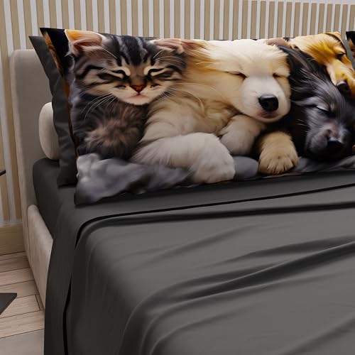 PETTI Artigiani Italiani - Animal Bed Linen with Cats and Dogs in Cotton with Pillowcases in Digital Print, Single Bed Sheet, Dark Grey, 100% Made in Italy