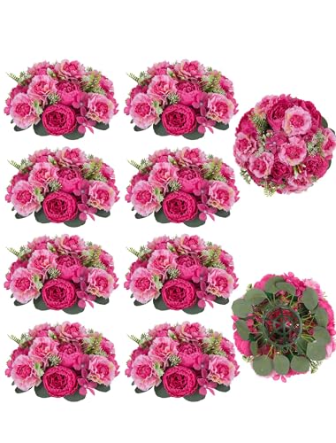 BLOSMON Faux Peony Flowers centerpieces: 10pc 9.5 Inch Hot Pink Floral Ball Arrangement for Wedding Party - Easy to Use Home Dinning Table Decoration - Fake Silk Peony Kissing Ball Decor