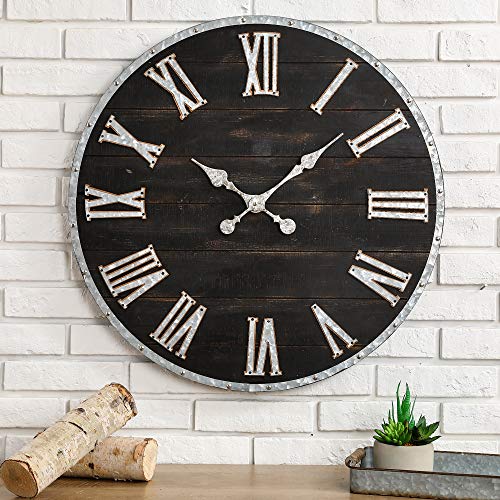 "Glitzhome Oversized Rustic Farmhouse Wooden and Galvanized Decorative Large Wall Clock for Home Decor, 27.56"", Black"