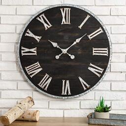 "Glitzhome Oversized Rustic Farmhouse Wooden and Galvanized Decorative Large Wall Clock for Home Decor, 27.56"", Black"
