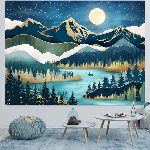 Accnicc Mountain Tapestry Nature Forest Tree Tapestries for Bedroom Aesthetic Starry Night Moon Stars Tapestrys Wall Hanging Teal Abstract Wall Tapestry for Dorm Living Room (Teal, 90'' ?? 68'')