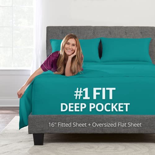 Double Duvet Cover Set Soft Bedding Set with 40CM Deep Pockets Oversized Fitted Sheet 2 Pillowcases with Zipper Teal