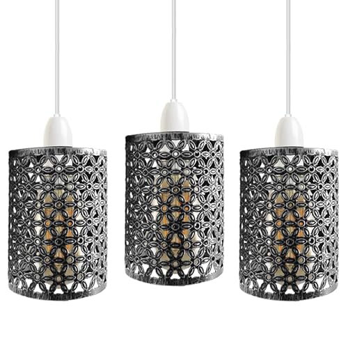 3 Pack of Industrial Brushed Silver Metal Bulb Guard Drum Shaped Lampshades for Ceiling Pendant Lights, Indoor Easy Fit Wire Cages for Kitchen, Hallways (Brushed Silver 3 Pack)
