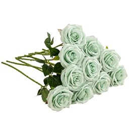 IUKnot Artificial Rose 10pcs Open Flower Bouquet Sage Green Faux Rose Stems for Wedding Arrangement, Bridal Bouquet, Centerpiece, Fake Faux Silk Flowers