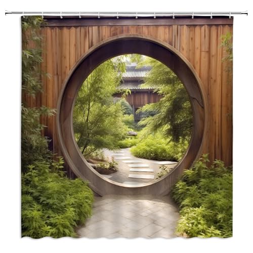 ZWSMZW Japanese Shower Curtain Wooden Wall Gate Green Plant Rustic Doorway Circle Park Garden Outside Natural Scenery Bathroom Decor Fabric Curtains with Hooks