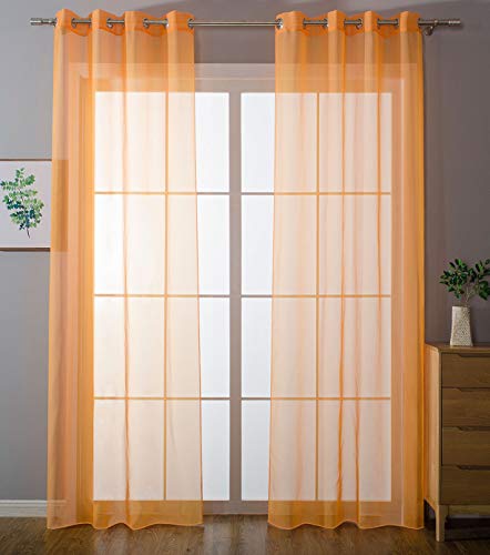 Gardinenbox Pack of 2 Eyelet Curtains Transparent Curtain Set Living Room Voile Eyelet Curtain Lead Tape Closure 100% Polyester Orange H x W 175 x 140 cm