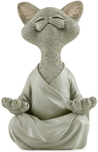JFSM INC. Whimsical Grey Buddha Cat Figurine Meditation Yoga Collectible - Happy Cat Collection - Cat Lover Gifts for Women, Cat Lover Gifts for Men