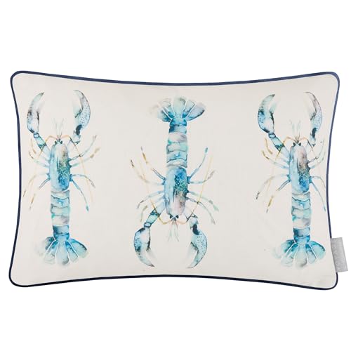 Voyage Maison Lobster Feather Filled Cushion – Coastal Watercolour Trio Printed Cotton Linen Piped Trim Decor (Cobalt - 40x60cm)