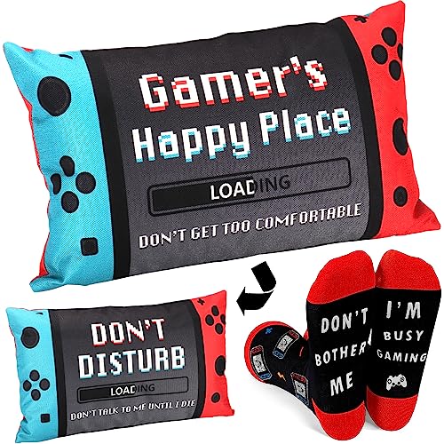 Gamer Father‘s Day Gifts, Gamer Dad Gifts, Gamer Gifts for Teenage Boys, Easter Basket Stuffers for Teens, Gaming Gifts for Men Father Boyfriends, A Pair of Gamer Socks + One Throw Pillow Covers