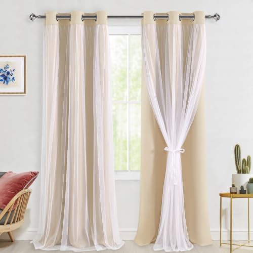 Hiasan Blackout Curtains with White Sheer Overlay, Mix & Match Double Layer Thermal Insulated Window Panels 96 inches Long for Bedroom Living Room, 2 Window Panels with Tiebacks, Beige, 42W X 96L