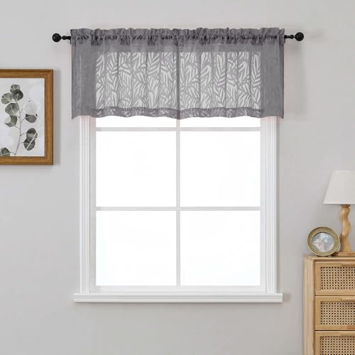 OVZME Charcoal Grey Sheer Valances for Windows 18 Inch Length 2 Panels, Light Filtering Soft Fabric Leaf Clip Jacquard Textured Curtains for Bedroom Bathroom Basement Small Windows, 2x42Wx18L Inches