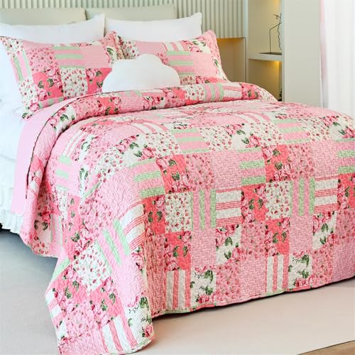 Cmfshape Garden Floral Quilt Bedspread Twin Size,1 Piece Patchwork Pink Quilt Set with 1 Pillow Sham,Summer Bedding Set for Girls Women,Soft Lightweight Bed Coverlet for All Seasons(Twin68x86 Pink)