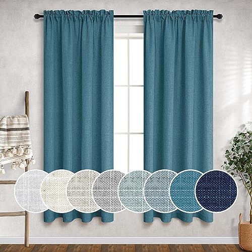 Mrs.Naturall Teal Linen Curtains for Boys Bedroom Teen Girls 63 Inche Length 2 Panel Rod Pocket Semi Sheer Sea Ocean Nautical Decor Peacock Blue Turquoise Curtain for Nursery Room Kitchen Dining 52x63