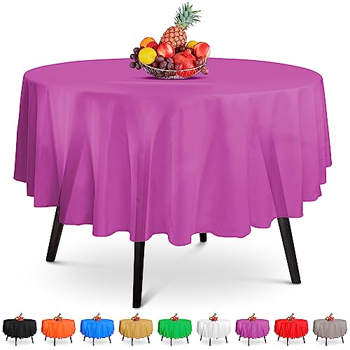 5 Pack Premium Round Purple Plastic Tablecloth - 84 x 84 in. Disposable Round Plastic Table Cloth - Decorative Round Table Cover Smooth Table Cover - Disposable Table Cloths For Parties, Weddings