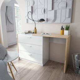 Dmora - Desk Toronto, Writing desk with chest of drawers and retractable top, Study or office table for PC, 75x40h130 cm, White and oak knots