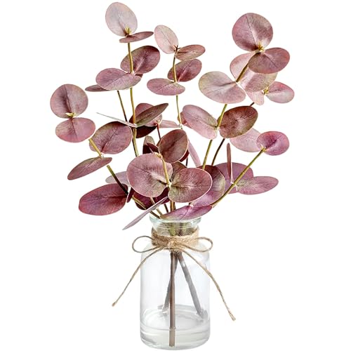 Muhanjia Artificial Eucalyptus Stems in Glass Vase with Faux Water,3Pcs Fake Plant with Double-Sided Purple Leaves for Centerpiece(Double-Sided Purple Eucalyptus)