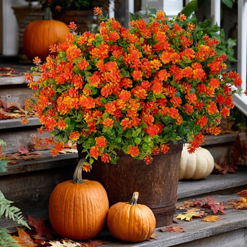 Artificial Flowers Outdoor Plastic Plants - 12 Bundles Outside Face Mums Fake Greenery UV Resistant No Fade Faux Shrubs Home Garden Porch Patio Decoration Bundles Office Thanksgiving(RedOrange)