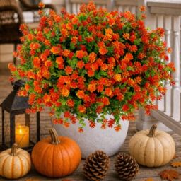 Artificial Flowers Outdoor Plastic Plants - 12 Bundles Outside Face Mums Fake Greenery UV Resistant No Fade Faux Shrubs Home Garden Porch Patio Decoration Bundles Office Thanksgiving(RedOrange)